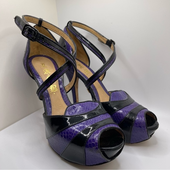 L.A.M.B. Women’s Black Purple Platform Leather Peep Toe Strappy Heels Size 6 - Picture 6 of 14